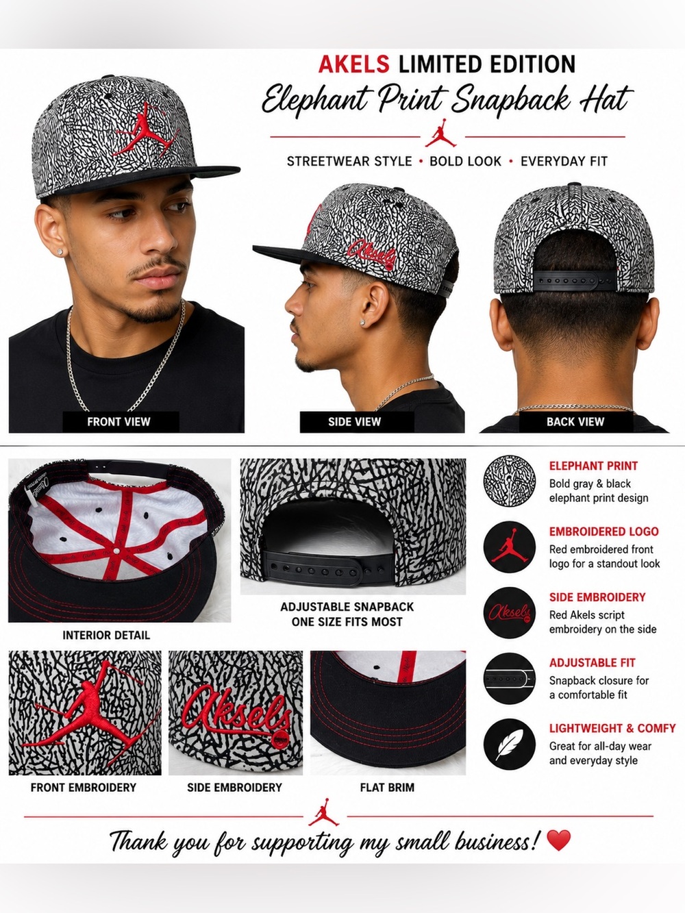 Aksels Limited Edition Elephant Print Snapback Hat Gray Black Red Adjustable